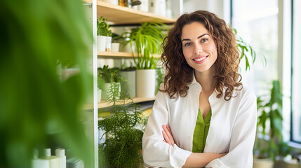 Young European naturopath in modern office with plants - obrazy, fototapety, plakaty