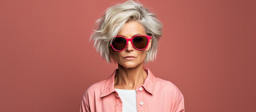 An irritated and enraged middle aged woman with blonde hair dressed in casual summer attire and sunglasses directs her displeasure and frustration towards the camera expressing her anger and