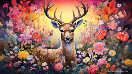  A serene deer amidst a meadow of blossoming, psychedelic flora Ai Generative