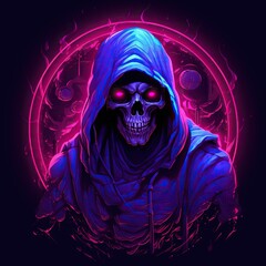 Blue skeleton in a hood with red eyes against a purple halo background.
