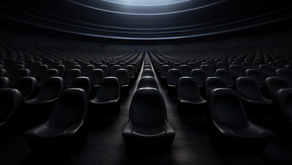 Dark amphitheater filled with numerous black chairs. - obrazy, fototapety, plakaty