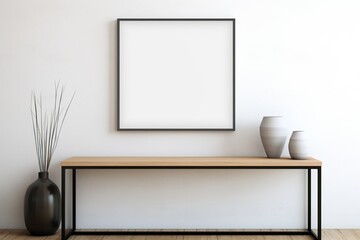 Minimalist interior with a wooden table, vases, and an empty frame on the wall. Print frame mockup