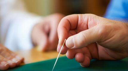 Hand holding acupuncture needles, blurred older naturopath in background. - obrazy, fototapety, plakaty