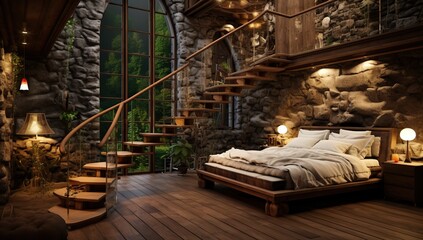 Cozy bedroom with stone walls, wooden elements, and a large window overlooking the forest.