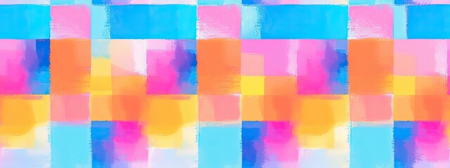 Seamless pop art grunge paint checker squares background pattern. Trendy vibrant gender neutral 80s neon pink, orange blue dopamine dressing textile. Contemporary gingham, plaid fabric