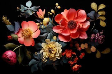 a floral artwork on a black backdrop. Generative AI