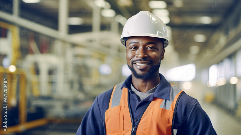 Wall mural portrait of african american successful builder worker contractor wearing hard hat and safety vest s