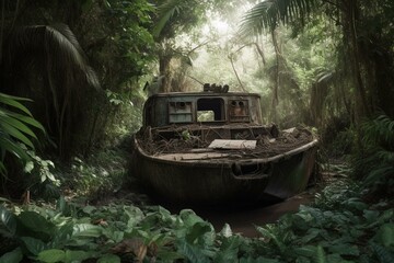 Lush tropical foliage surrounds a decaying military boat in a jungle. Generative AI