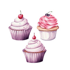 Watercolor cupcake with cream for holiday card decor on white background