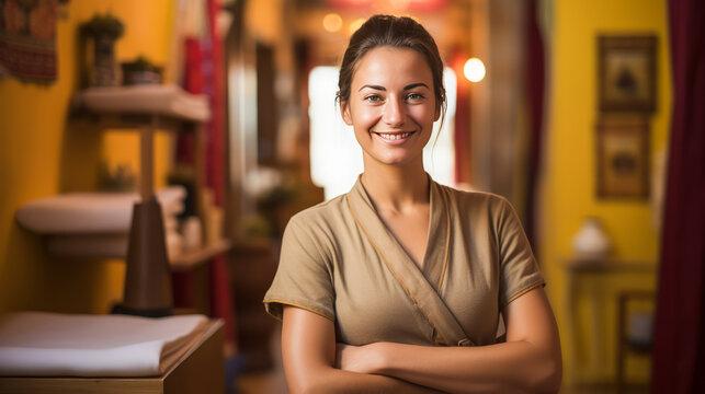 Young European holistic masseuse standing in decorated room
