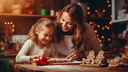 Cute little girl and her mother making gingerbread cookies for Christmas