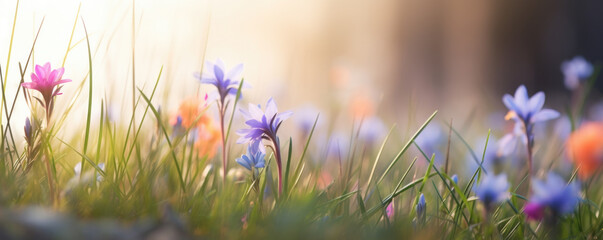 The landscape of colorful flowers in a forest with the focus on the setting sun. Soft focus 
