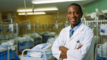 Older African male pediatrician standing in a nursery with newborns. - obrazy, fototapety, plakaty