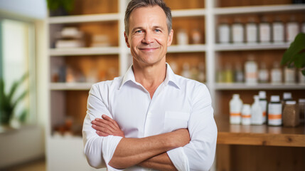 Middle-aged European naturopath standing with crossed arms in well-lit office - obrazy, fototapety, plakaty