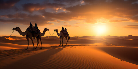 Indian cameleer bedouin with camel silhouettes in sand dunes of thar desert on sunset A camel caravan with the sun setting behind it, generative AI