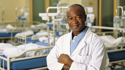 Older African pediatrician stands proud in nursery with newborns. - obrazy, fototapety, plakaty