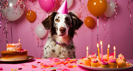 A spotted dog wears a pink party hat, celebrating with cake, candles, and balloons in a pink-themed birthday setting