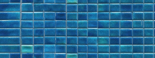 Seamless small shiny deep pacific blue ceramic tile wall mosaic background pattern. Tileable closeup rough textured vintage kitchen, bathroom, swimming pool tiles.