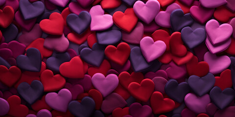 Colorful heart symbols as a panorama background Valentine's day background with colorful hearts on dark blue background, generative AI