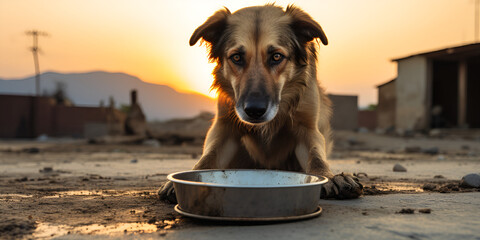Dog retrieves metal bowl for food or water when hungry or thirsty sitting on the ground with sunset background  - obrazy, fototapety, plakaty