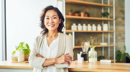 Middle-aged Asian naturopath standing by treatment table in natural light.
