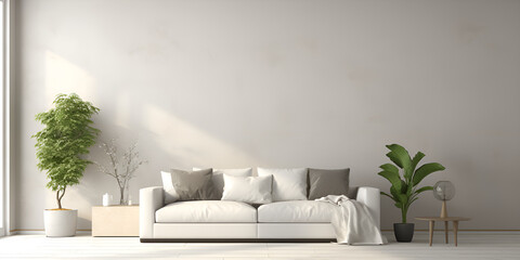 Large sofa on the background of a gray wall minimalistic living room interior symmetrical design modern mock up furniture and decoration of empty cozy living room 