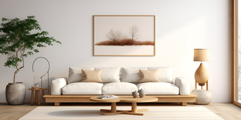 A living room with a couch and a coffee table with a picture and a plant on the wall and a sofa with white wall background 
