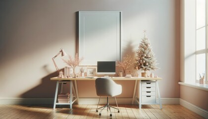 A festive mockup picture frames a working desk in a cozy room, with a beautiful christmas tree as the focal point, surrounded by stylish furniture, a reflective mirror, and a bright window winter