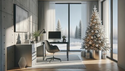 Amidst the bustling holiday season, a cozy room with a decorated christmas tree stands adorned with a mockup picture frame, while a busy worker can sit at their desk, gazing out the window