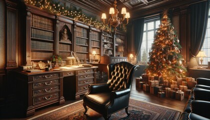 Fototapeta na wymiar Amidst the warmth of the fireplace, a festive room with a towering christmas tree, a cozy chair, and intricate cabinetry creates the perfect mockup for a picture of holiday joy in winter wonderland