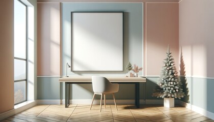 Amidst the bustling holiday preparations, a sleek mockup desk stands adorned with a picture frame, overlooking a room filled with warm christmas lights, an indoor houseplant, a window revealing a sno