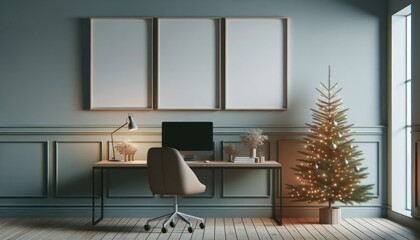 A cozy cabin retreat, adorned with a twinkling christmas tree and a sleek computer desk, invites the imagination to escape into a festive world of productivity and joy