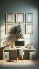 Amidst a cozy cabinetry-filled room, a working computer sits atop a desk adorned with a picture frame, as a majestic christmas tree stands tall against a wall, inviting the viewer into a indoor space