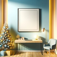 A festive mockup picture frames a cozy room, with a majestic christmas tree standing tall against the wall and a chair invitingly waiting for someone to sit and work at the table while the warm glow