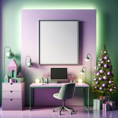 Amidst the twinkling christmas lights, a sleek mockup desk frames a picture-perfect view of a working room adorned with festive furniture and a dazzling indoor christmas tree, reflected in a mirror