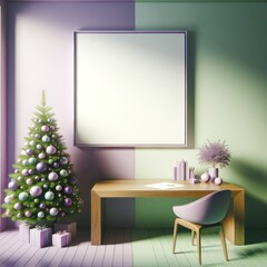 A festive mockup of a picture frame hanging on the wall, surrounded by the warm glow of a christmas tree and the cozy atmosphere of a working room with elegant furniture, a table adorned with plants