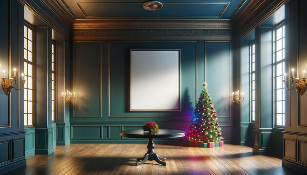 A cozy mockup room with a twinkling christmas tree and a table adorned with framed pictures, inviting you to work in the warm indoor space surrounded by festive walls, the magic of the holiday season