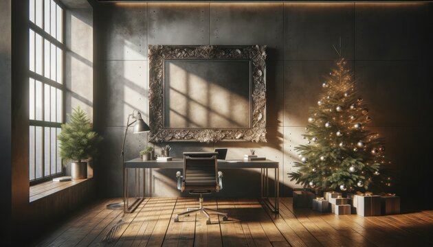 A festive mockup of a picture frame on a desk in a cozy indoor room, adorned with a christmas tree by the wall and a window streaming in warm holiday light, surrounded by stylish furniture