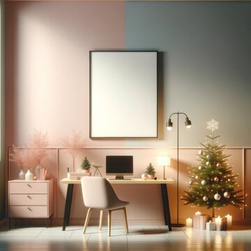 Amidst the festive glow of a christmas tree, a sleek mockup computer rests on a desk adorned with a picture frame, while a cozy chair beckons for productive work in this stylish and indoor room