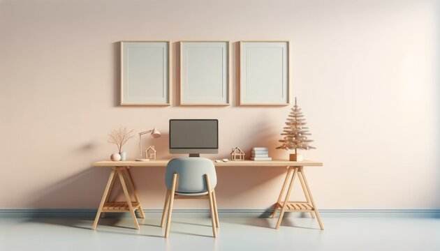 A festive mockup of a picture frame on a desk with a computer, showcasing a working space in a room adorned with a christmas tree and decorated walls, creating an indoor oasis of design