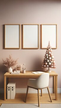A whimsical mockup of a picture frame adorned with a christmas tree, surrounded by a working desk and chair in a cozy indoor room, reflecting the beauty of the tree, adding a touch of holiday spirit
