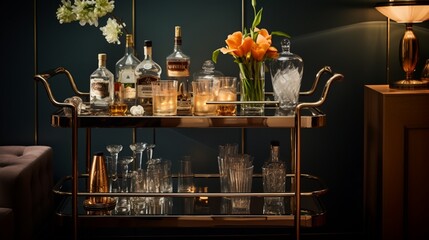 an elegant mid-century bar area with a retro cocktail cart and vintage glassware. - obrazy, fototapety, plakaty
