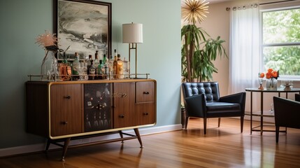 an elegant mid-century bar area with a retro cocktail cart and vintage glassware.
