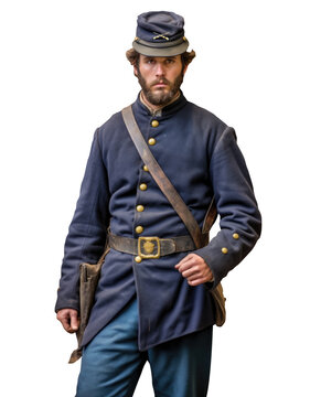 Civil war soldier -  Blue uniform - Transparent PNG background. Handsome man with beard and wavy hair. Colorized and restored old photography style. 