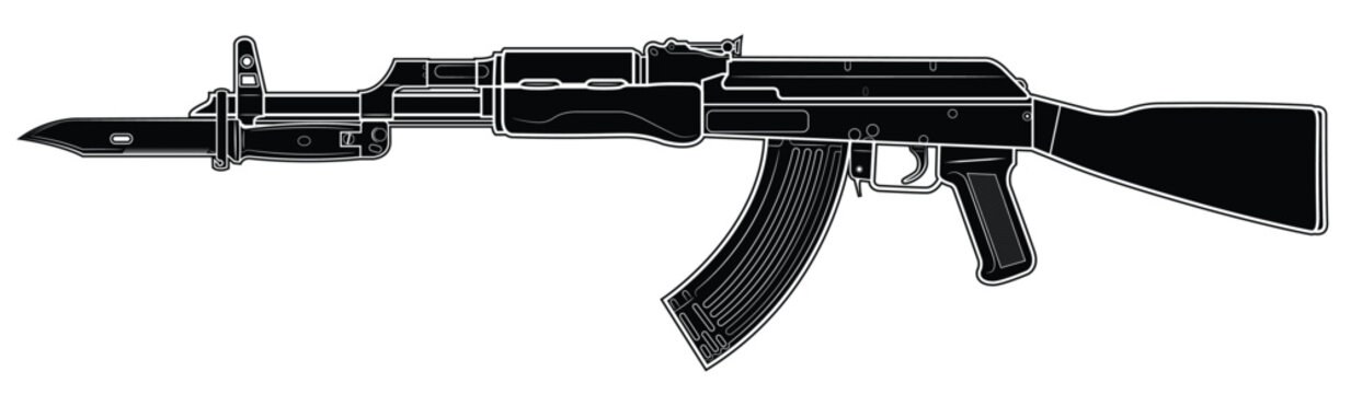 Vector illustration of soviet assault carbine with bayonet. Black. Left side.