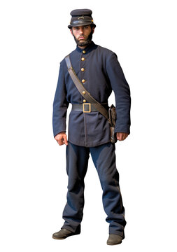 Civil war soldier -  Blue uniform - Transparent PNG background. Full view. Standing. Colorized and restored old photography style. 