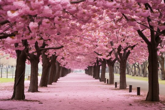 Beautiful pink blossom trees in full bloom during springtime. Generative AI