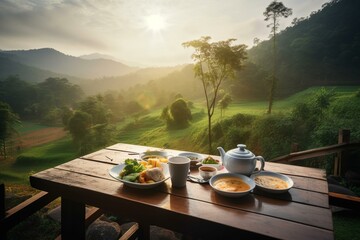 Morning meal on wooden table overlooking nature. Generative AI
