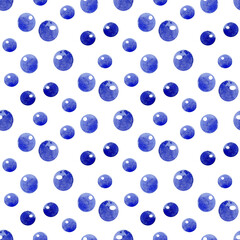 Blue beads in a chaotic order. Abstract seamless watercolor pattern. Illustration for wrapping paper, textile, Christmas decorations
