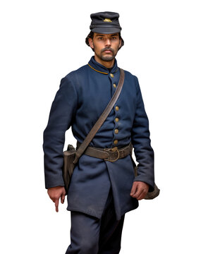 Civil war soldier -  Blue uniform - Transparent PNG background. Blue cap and suit. Colorized and restored old photography style. 